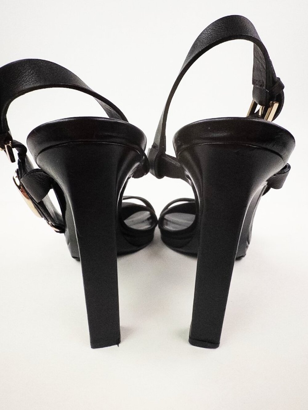 Gucci Double G Black Leather Ankle Strap Sandals Gold Logo Sz 39.5 - Picture 5 of 12